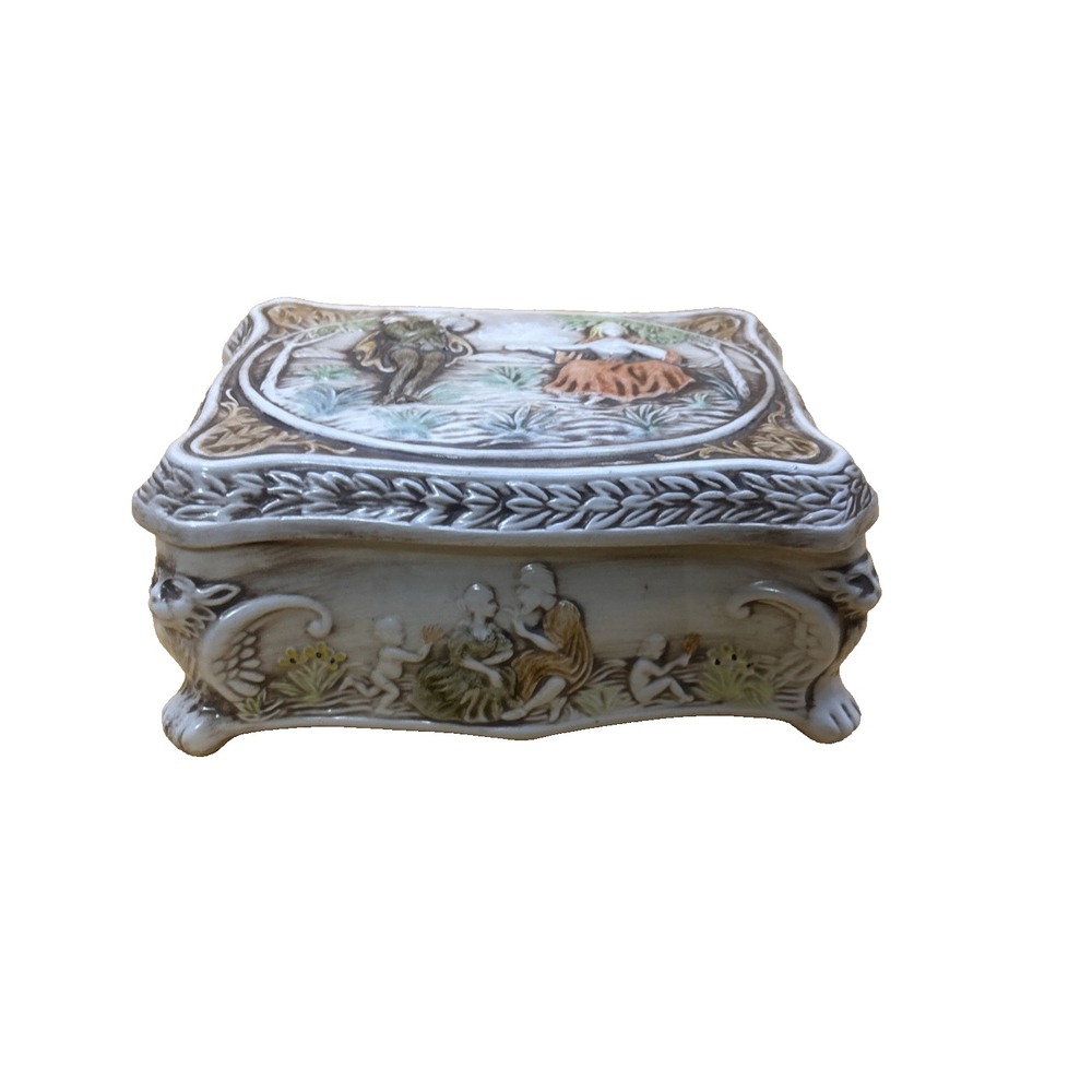 Vintage Italian Capodimonte Style Porcelain Trinket Dresser Box Musical Scene